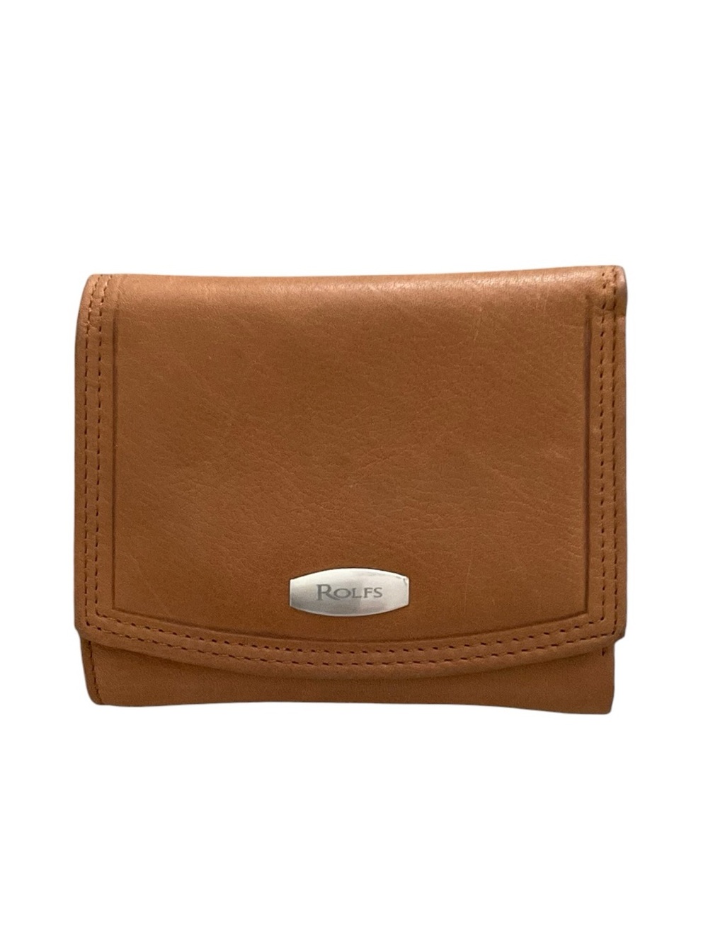 ROLFS Women’s Vintage Compact Wallet Tri-Fold Cognac Leather with Silver Logo